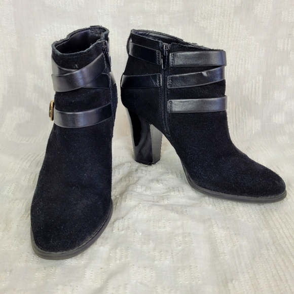INC black suede boots ankle straps gold buckles patent heels dressy boho fancy 7 - Picture 9 of 10